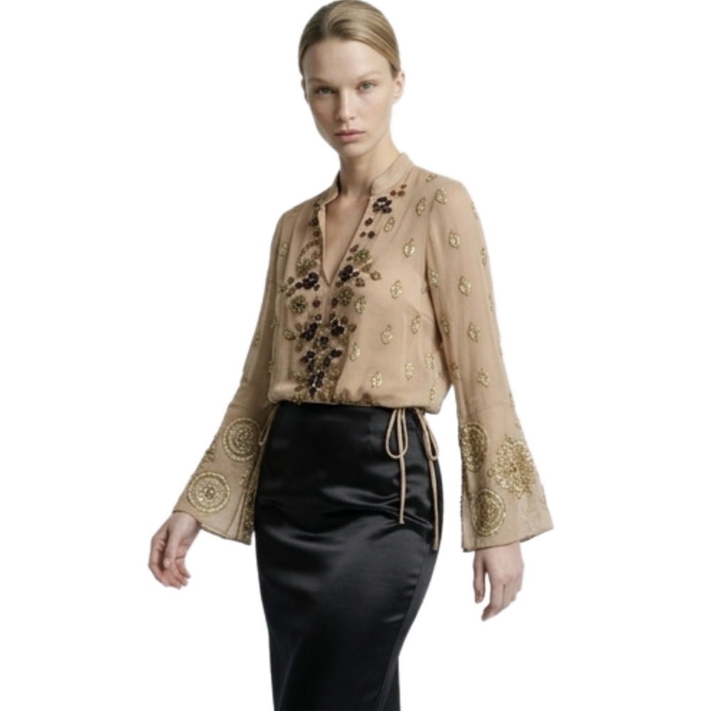 Hale Bob gold, handcrafted, embellished, tunic blouse size XS NWT